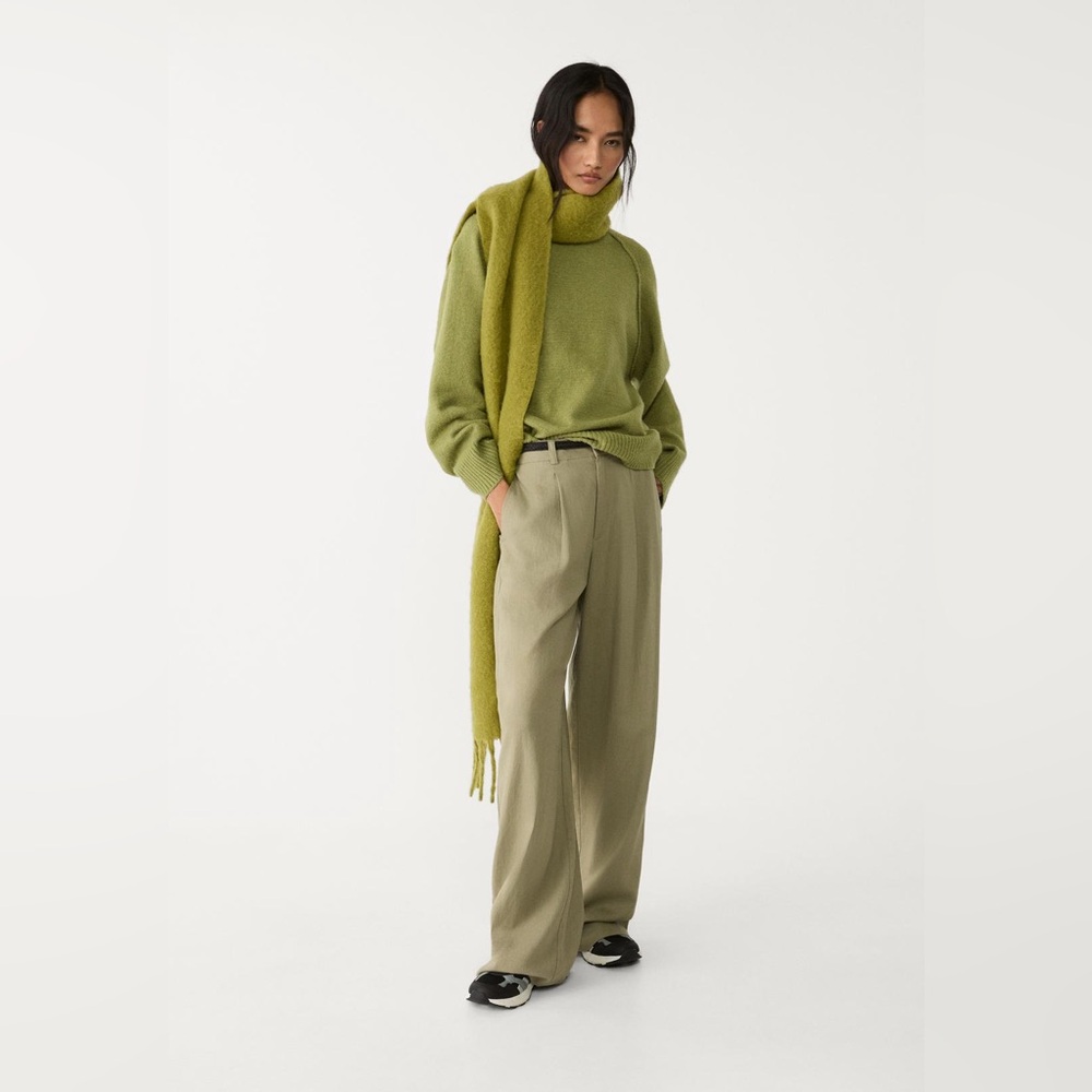 NWT Stradivarius Sage Green Linen Blend Wide Leg Trousers Belt Size 12